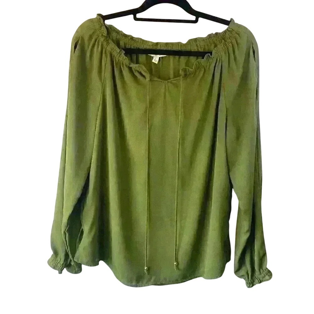 NWT Women's Notations Green Long Sleeve Ruffle‎ Tie Front Blouse Size Large